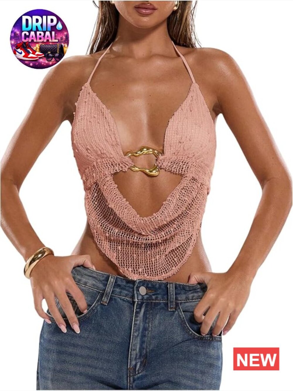 Crochet Halter Tank Top - Open Back Draped Front Festival Going Out Top